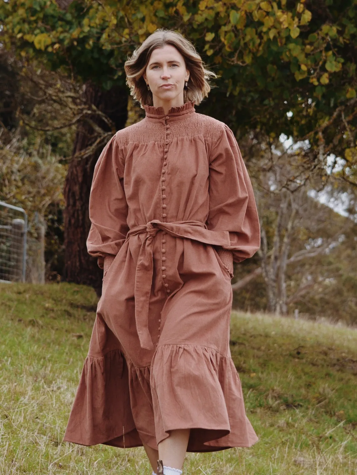 100% RECYCLED COTTON CORDUROY - CLOTHILDE DRESS CINNAMON