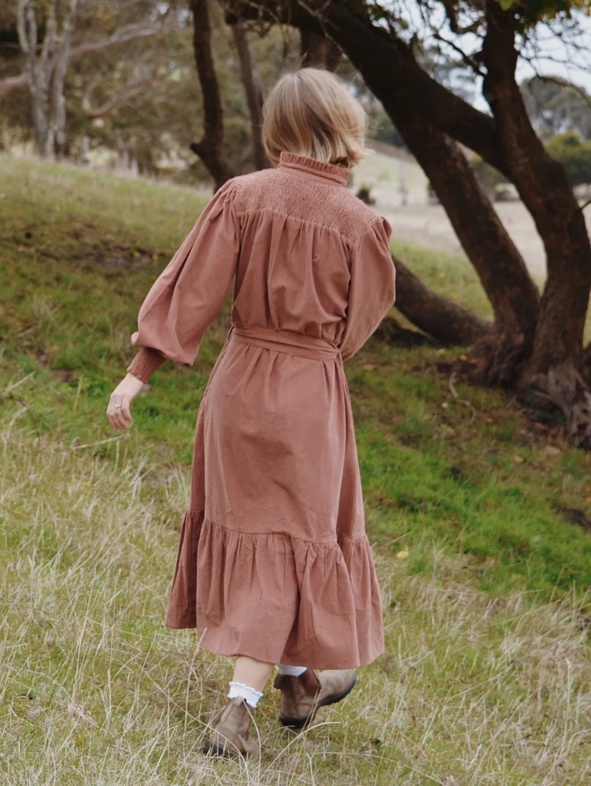 100% RECYCLED COTTON CORDUROY - CLOTHILDE DRESS CINNAMON