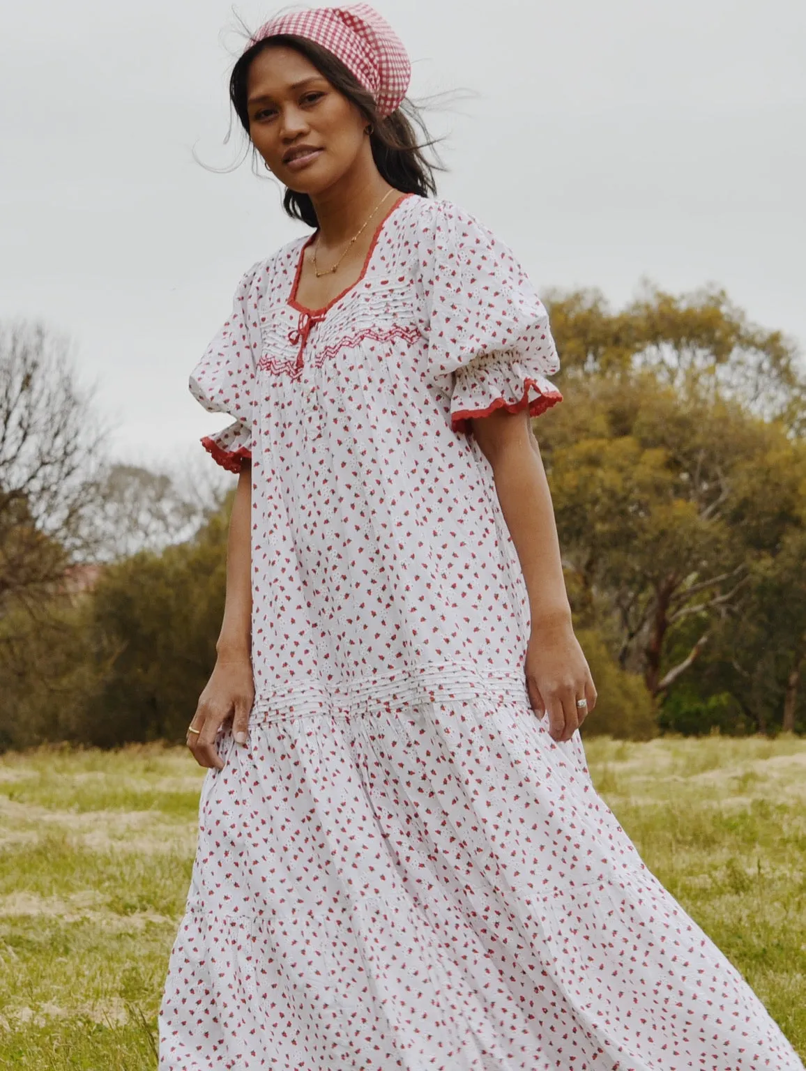 100% RECYCLED COTTON - MORNING SONG HAND SMOCKED TIERED DRESS - STRAWBERRY EMBROIDERED COTTON