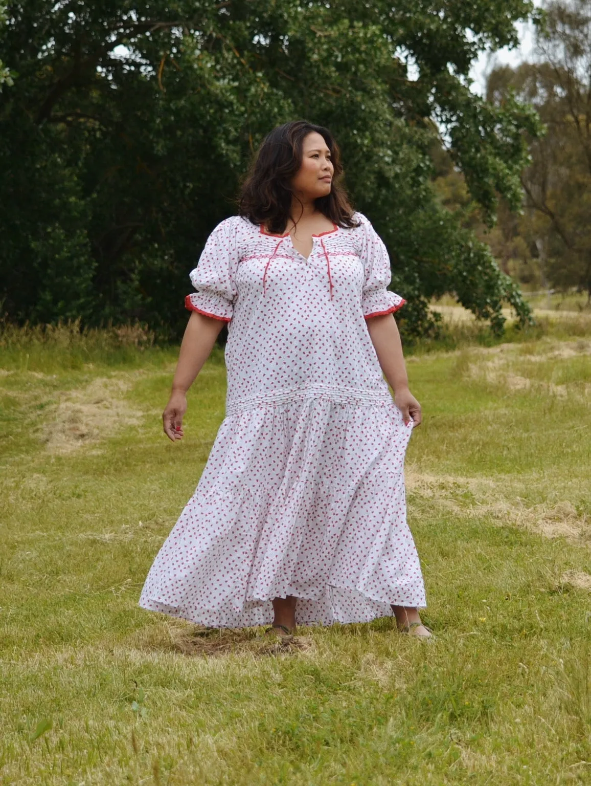 100% RECYCLED COTTON - MORNING SONG HAND SMOCKED TIERED DRESS - STRAWBERRY EMBROIDERED COTTON