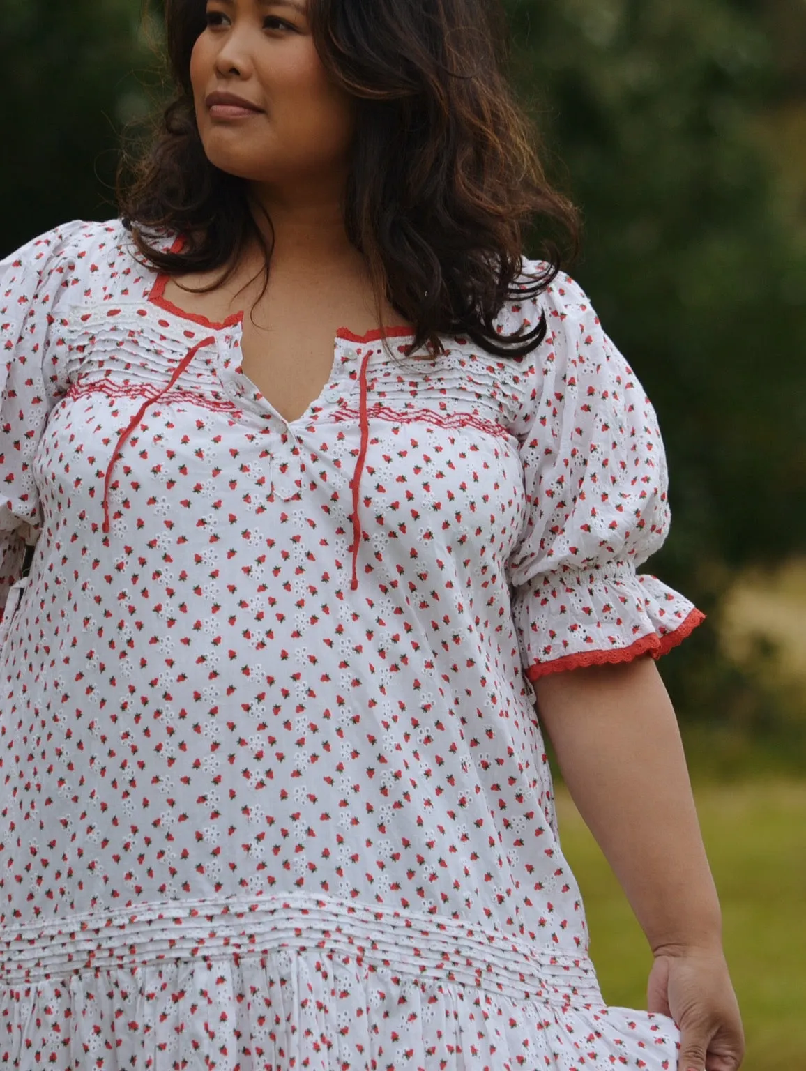 100% RECYCLED COTTON - MORNING SONG HAND SMOCKED TIERED DRESS - STRAWBERRY EMBROIDERED COTTON