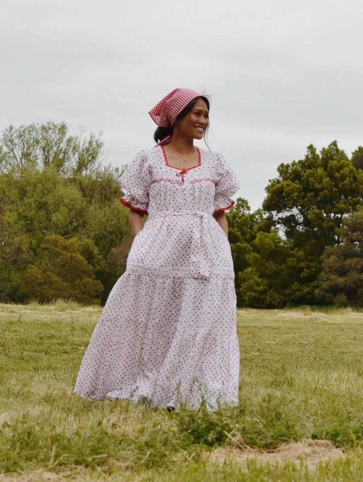 100% RECYCLED COTTON - MORNING SONG HAND SMOCKED TIERED DRESS - STRAWBERRY EMBROIDERED COTTON