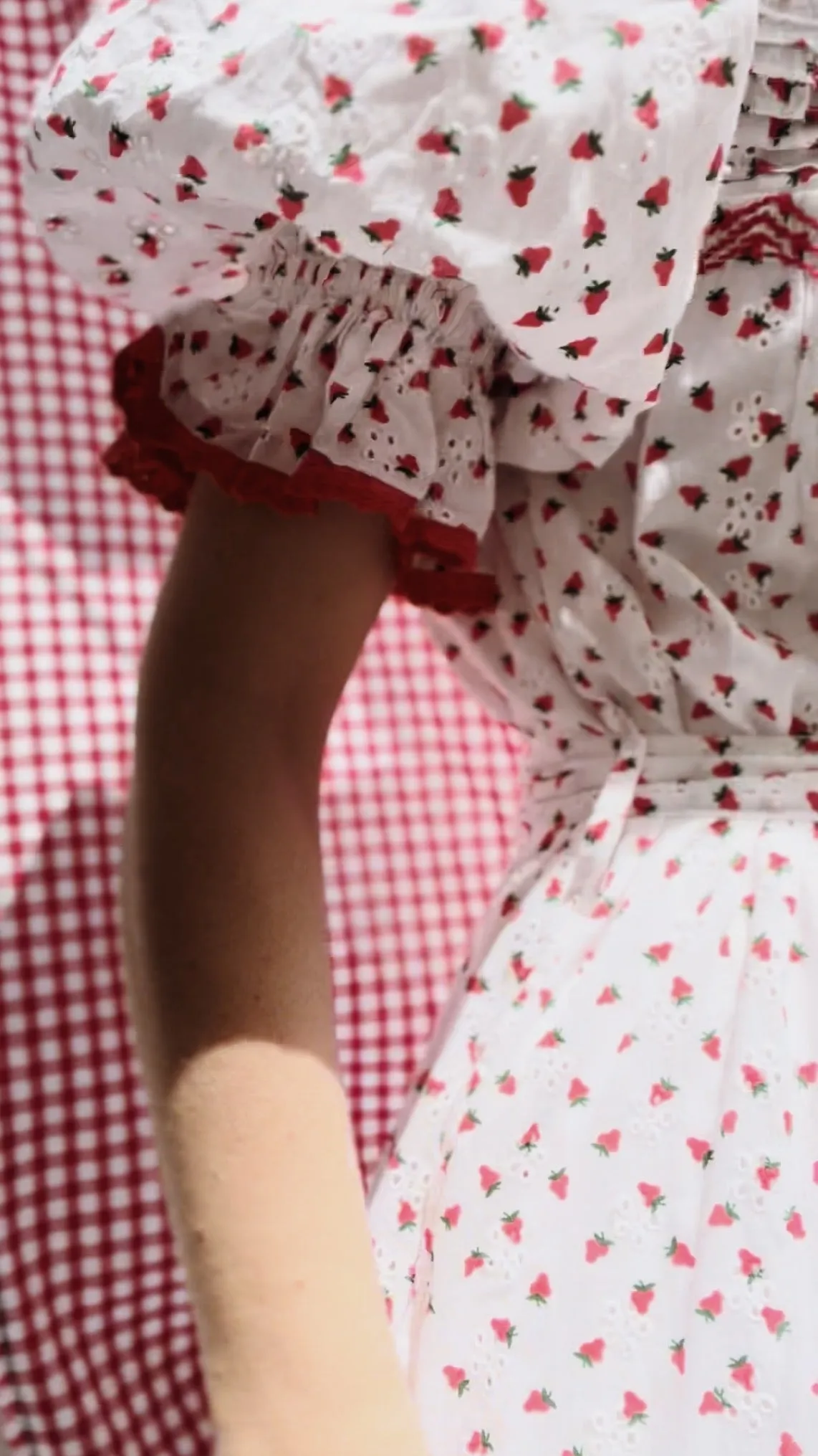 100% RECYCLED COTTON - MORNING SONG HAND SMOCKED TIERED DRESS - STRAWBERRY EMBROIDERED COTTON