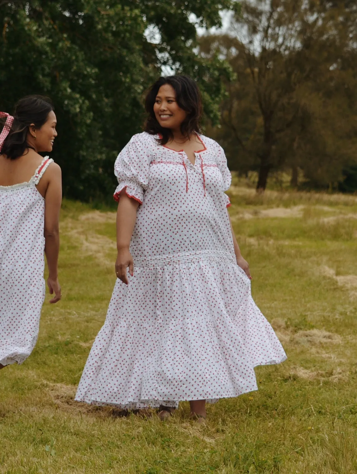 100% RECYCLED COTTON - MORNING SONG HAND SMOCKED TIERED DRESS - STRAWBERRY EMBROIDERED COTTON