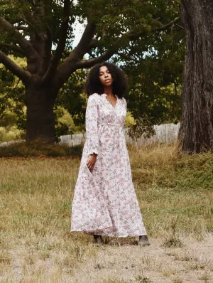 100% RECYCLED COTTON - PRAIRIE MAXI DRESS PINK ROSE FLORAL