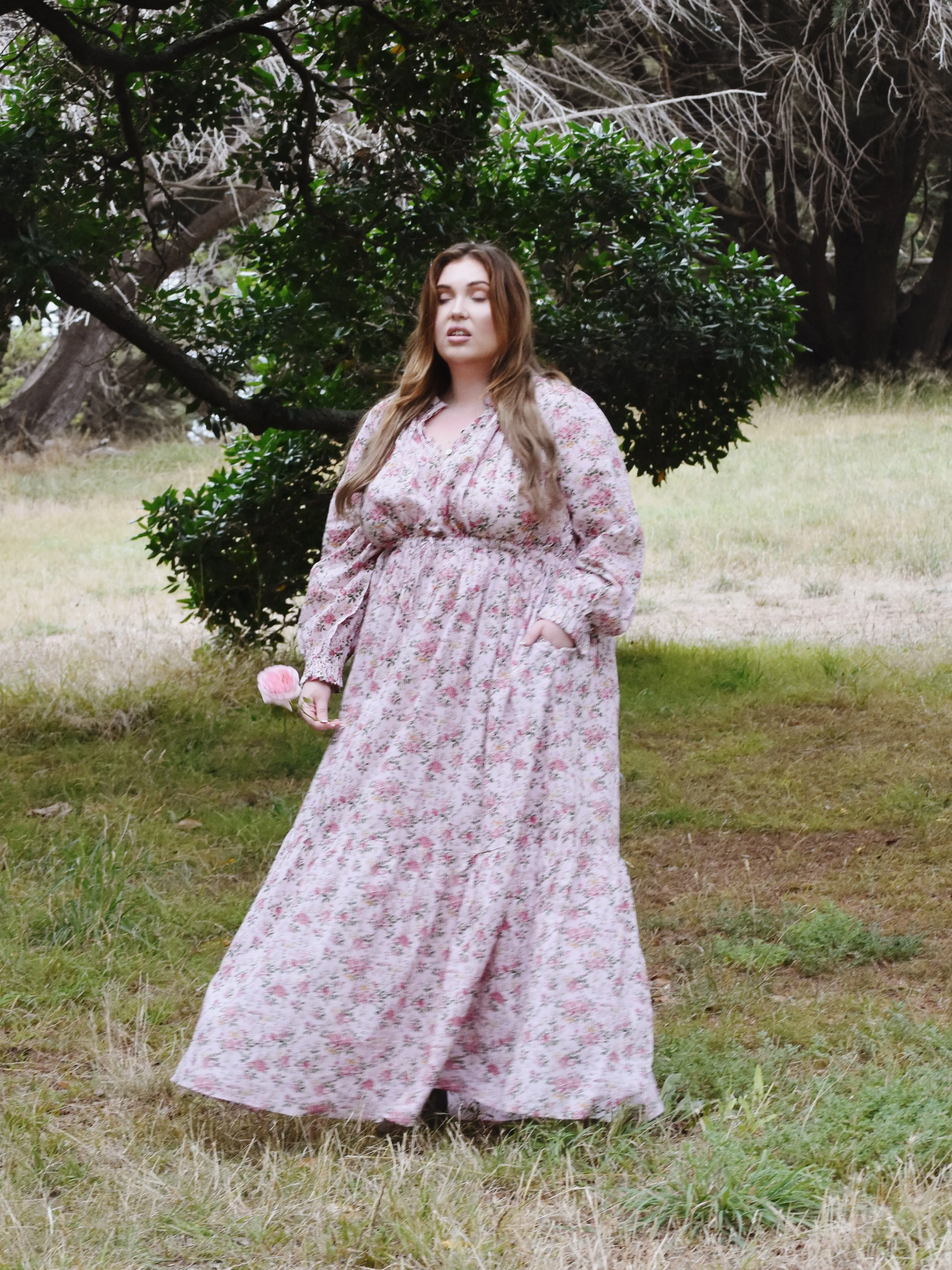 100% RECYCLED COTTON - PRAIRIE MAXI DRESS PINK ROSE FLORAL