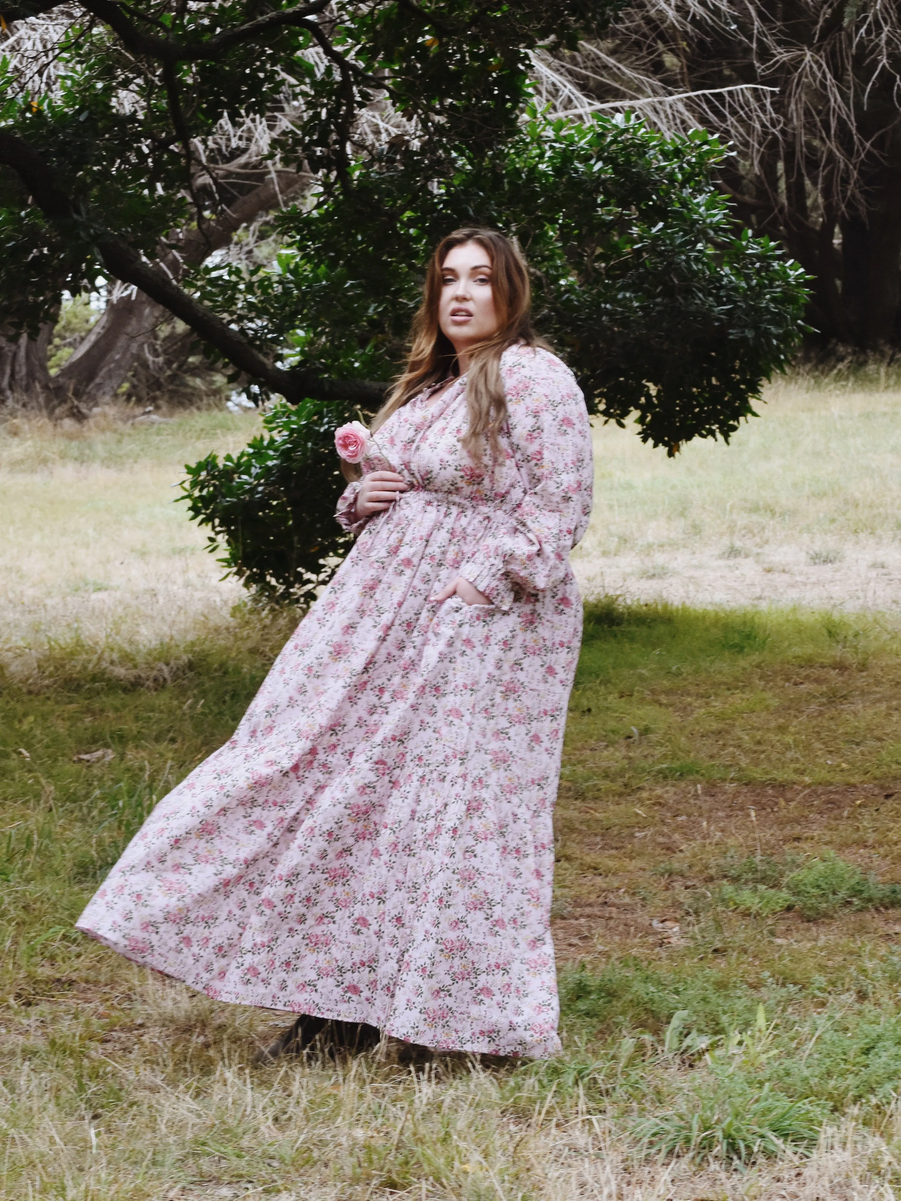 100% RECYCLED COTTON - PRAIRIE MAXI DRESS PINK ROSE FLORAL