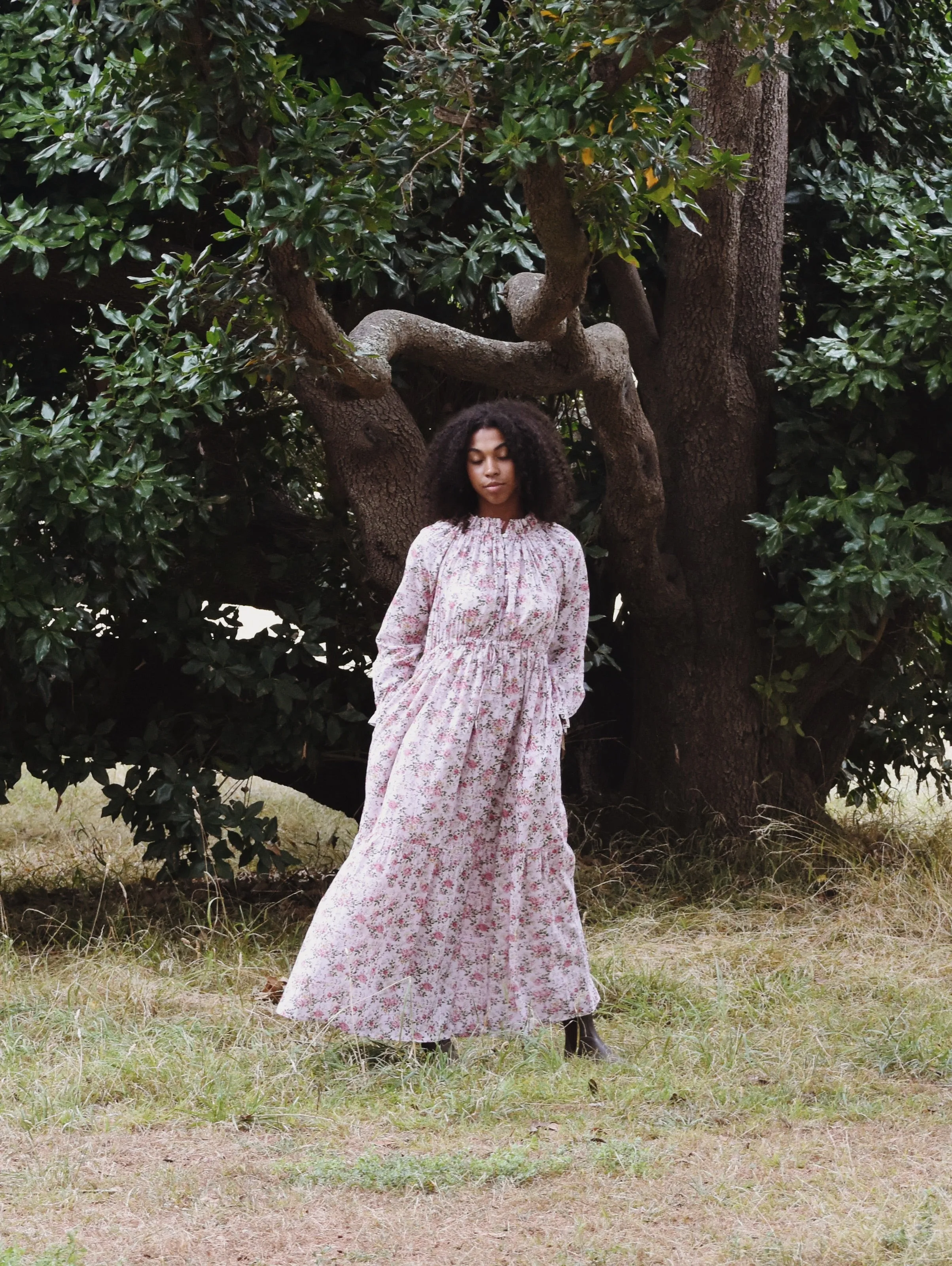 100% RECYCLED COTTON - PRAIRIE MAXI DRESS PINK ROSE FLORAL