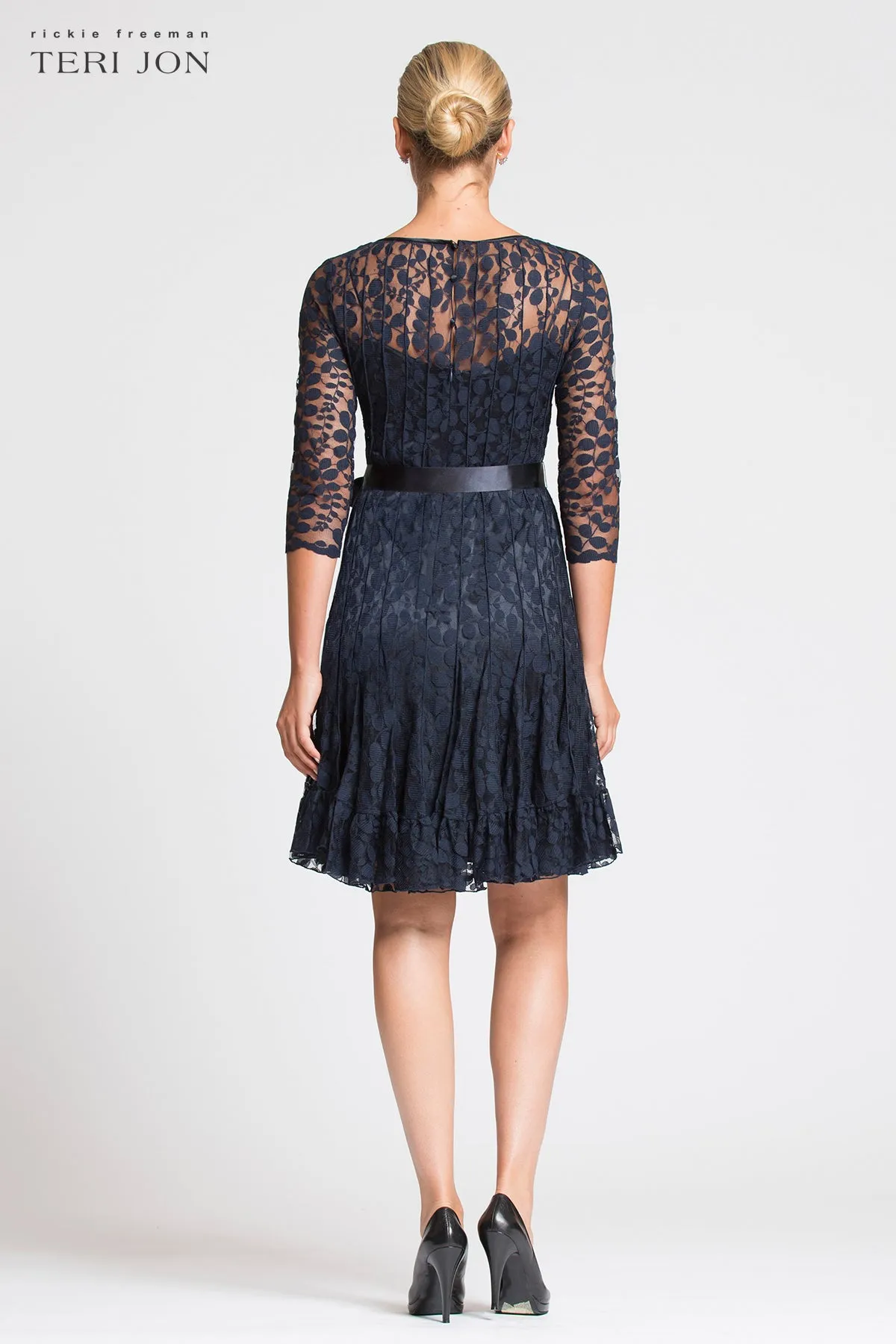 3/4 Sleeve Lace Fit And Flare Dress with Bow