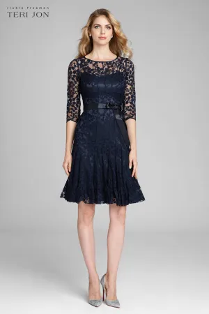 3/4 Sleeve Lace Fit And Flare Dress with Bow