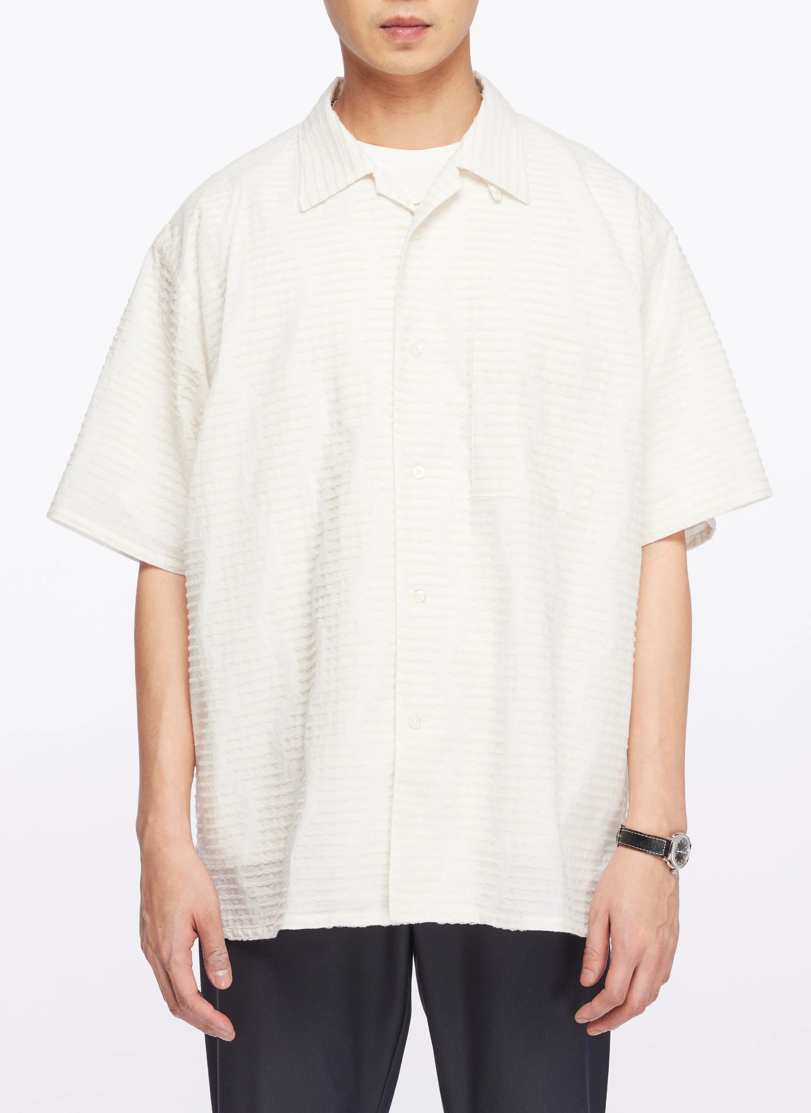 Albini Cotton Jacquard Short Sleeve Open Collar Shirt