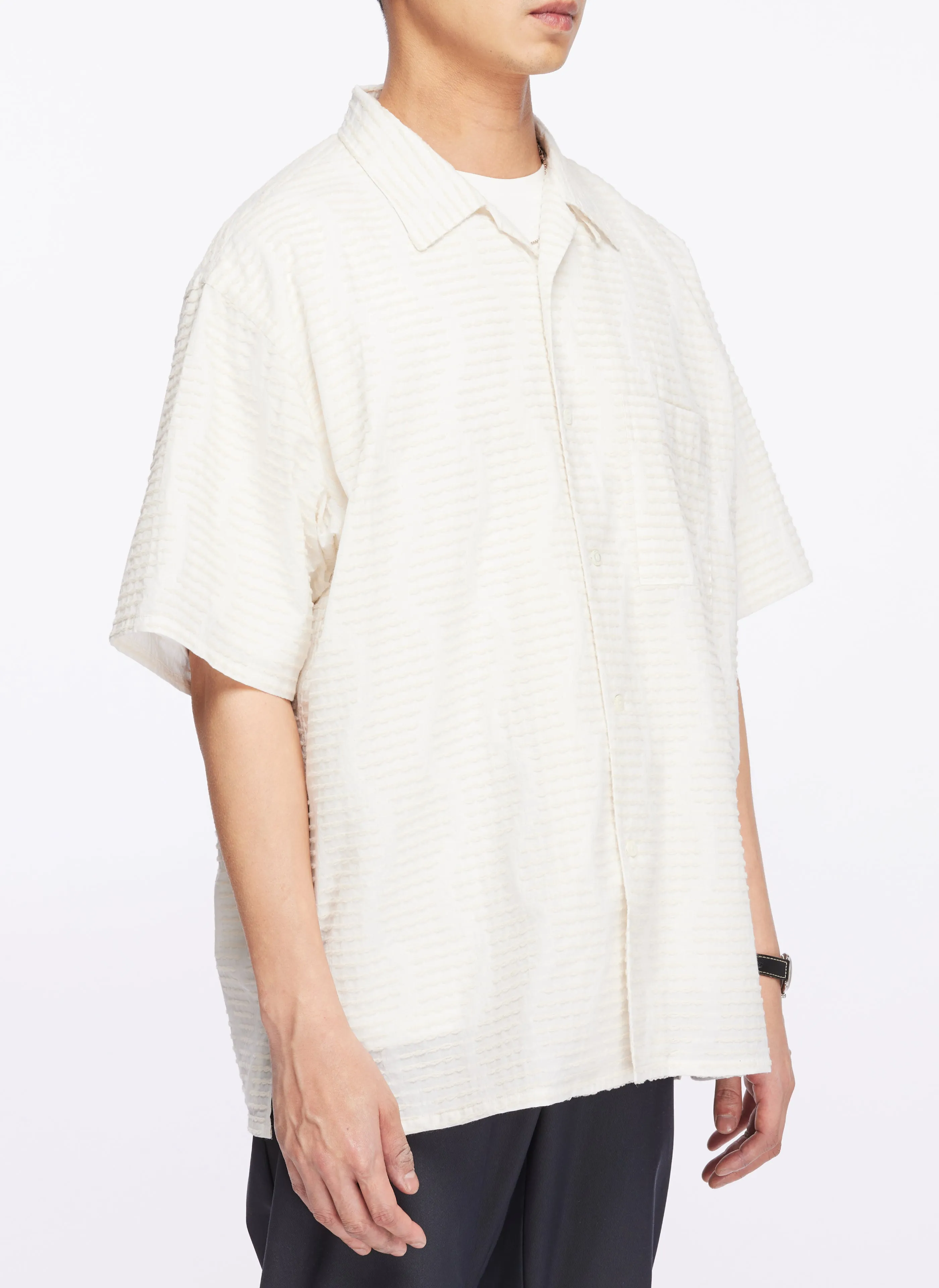 Albini Cotton Jacquard Short Sleeve Open Collar Shirt