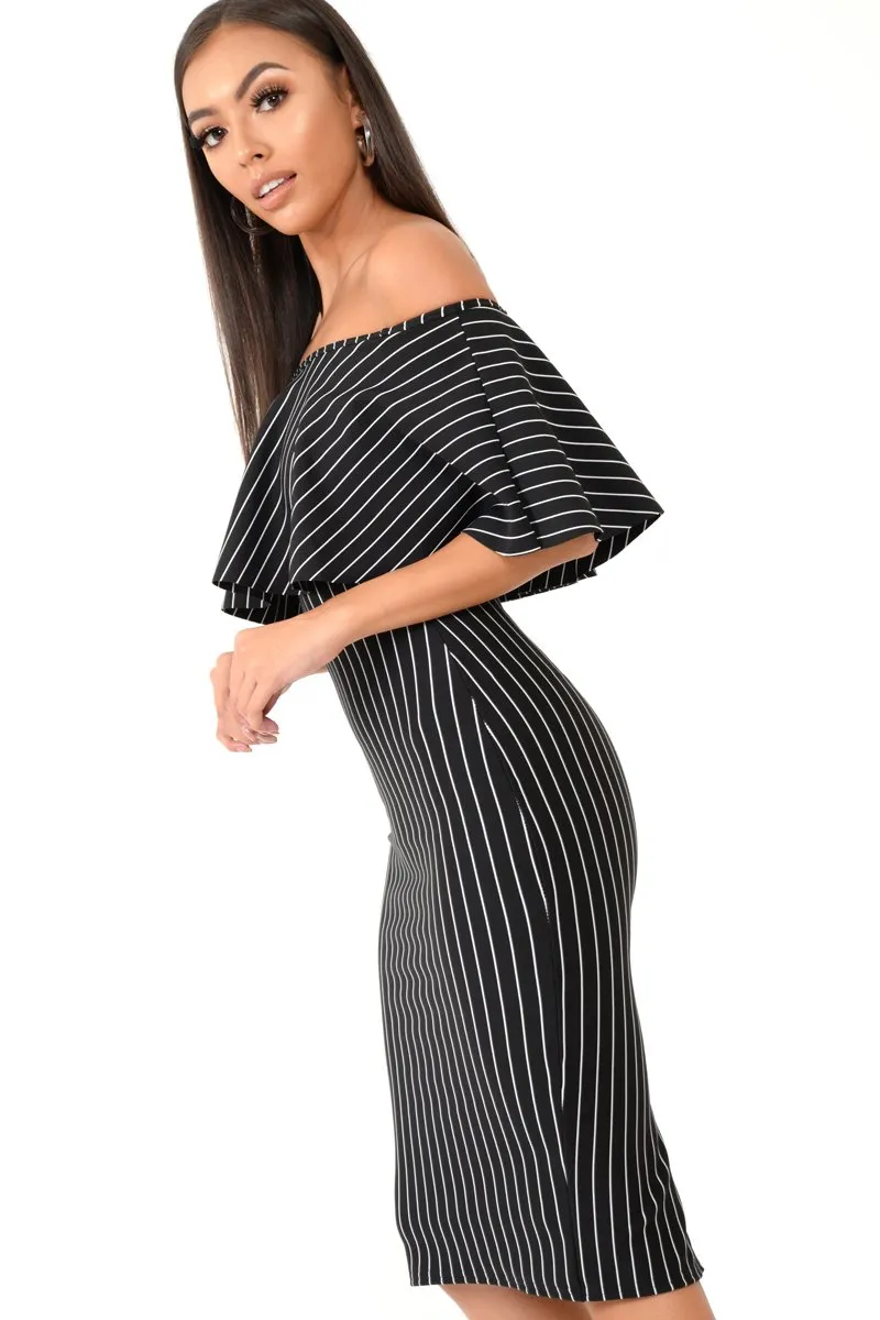 Black Pinstripe Frill Bardot Bodycon Midi Dress -Jovey