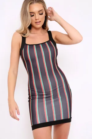 Black Red and Green Striped Bodycon Dress - Bonny