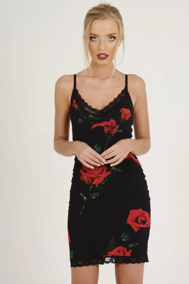 Black Rose Print Lace Trim Slip Dress - Martina