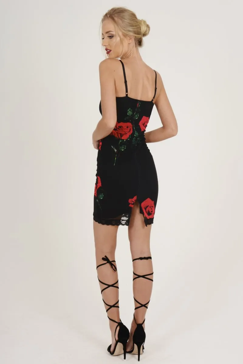 Black Rose Print Lace Trim Slip Dress - Martina