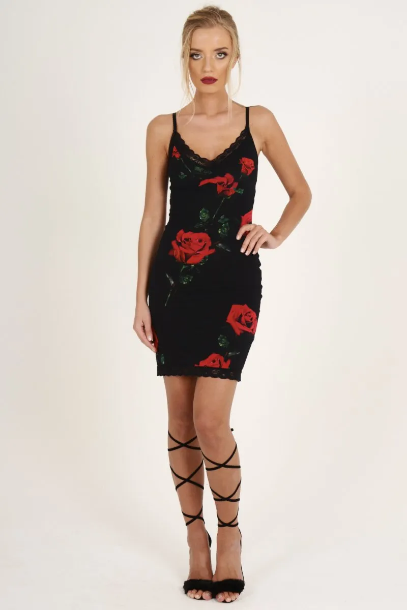 Black Rose Print Lace Trim Slip Dress - Martina