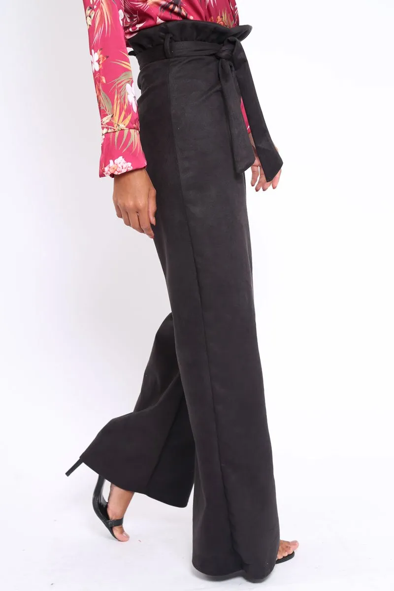 Black Suedette Paper Bag Tie Waist Wide Leg Trousers - Kennedy