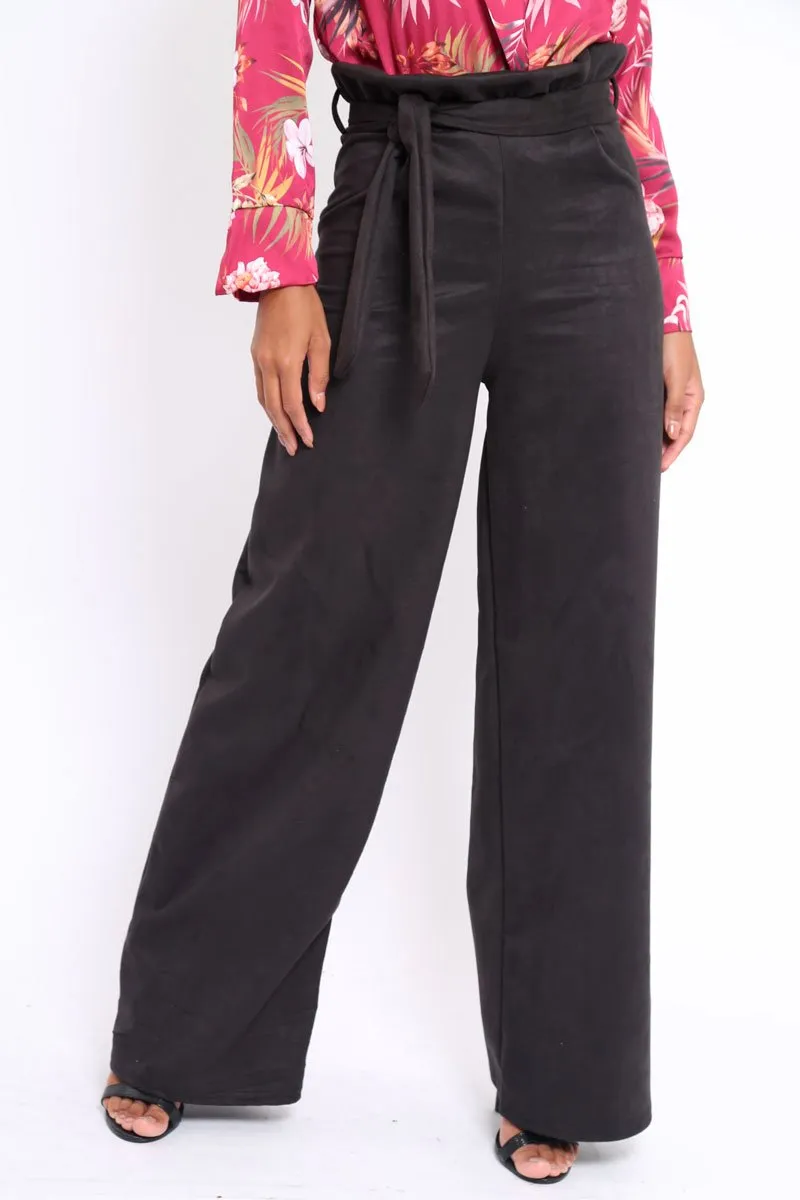 Black Suedette Paper Bag Tie Waist Wide Leg Trousers - Kennedy