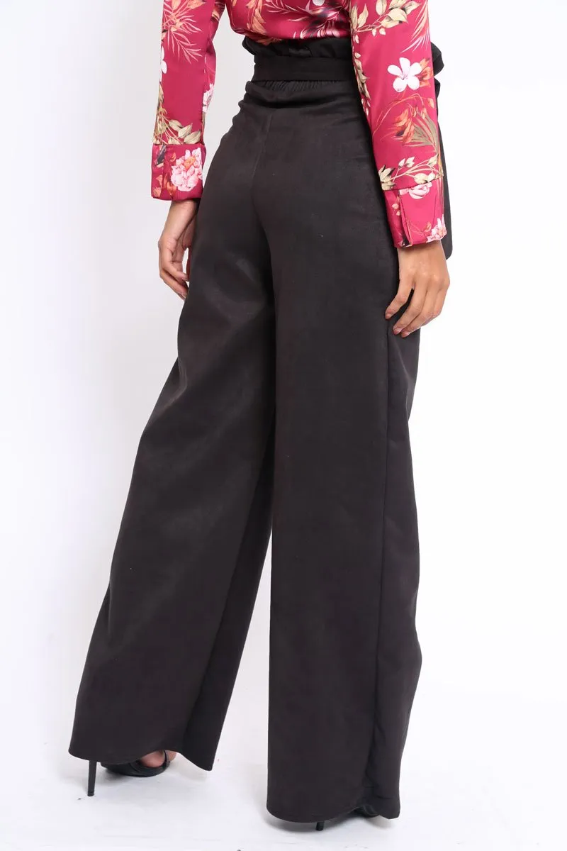 Black Suedette Paper Bag Tie Waist Wide Leg Trousers - Kennedy