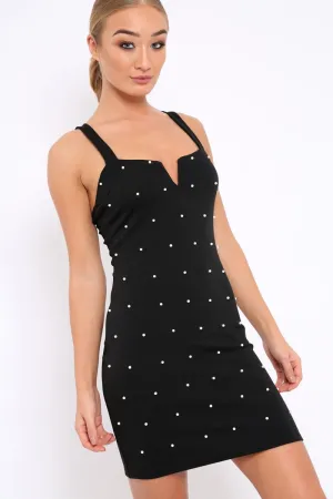 Black V Cut Pearl Bodycon Mini Dress - Sherrie