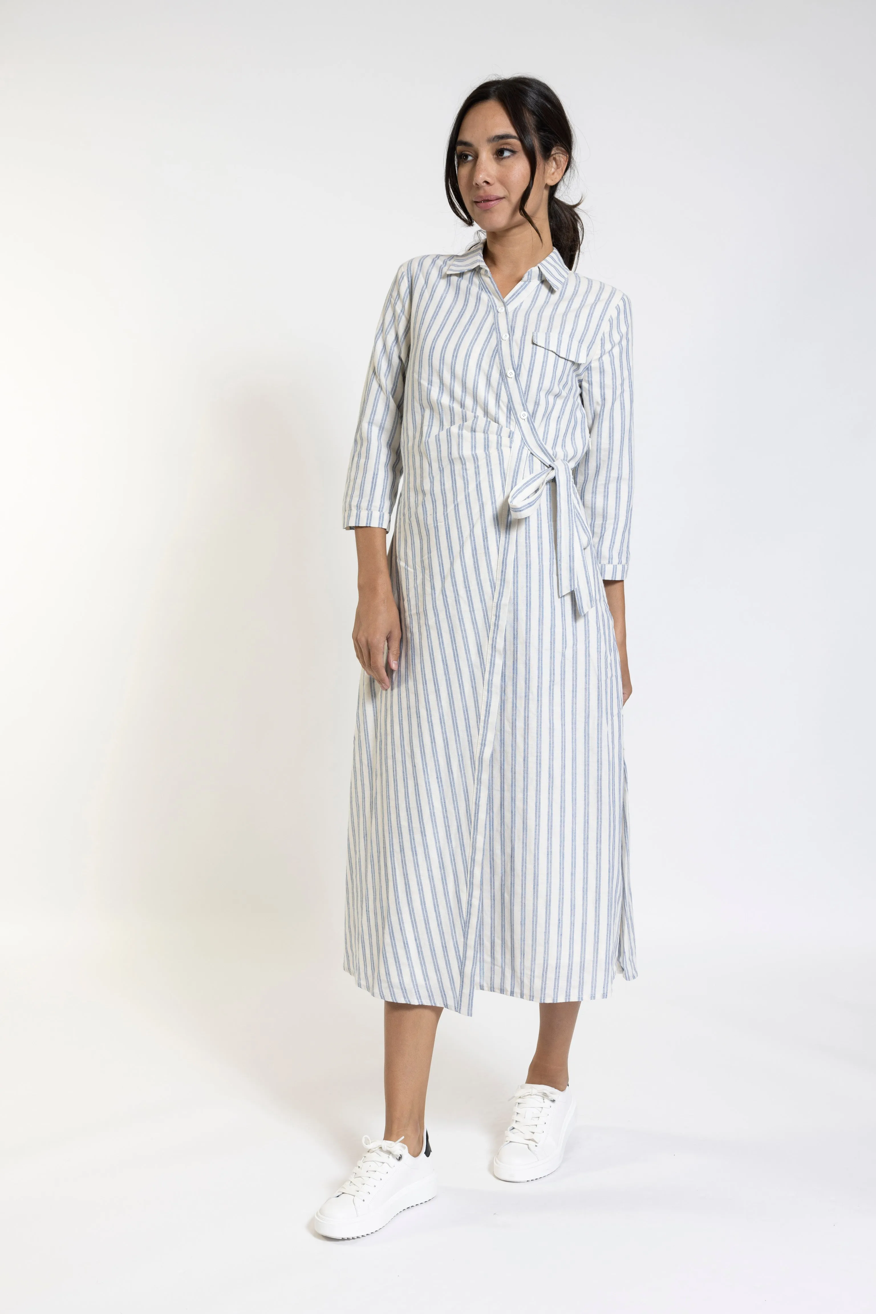 BLUE STRIPE WRAP DRESS