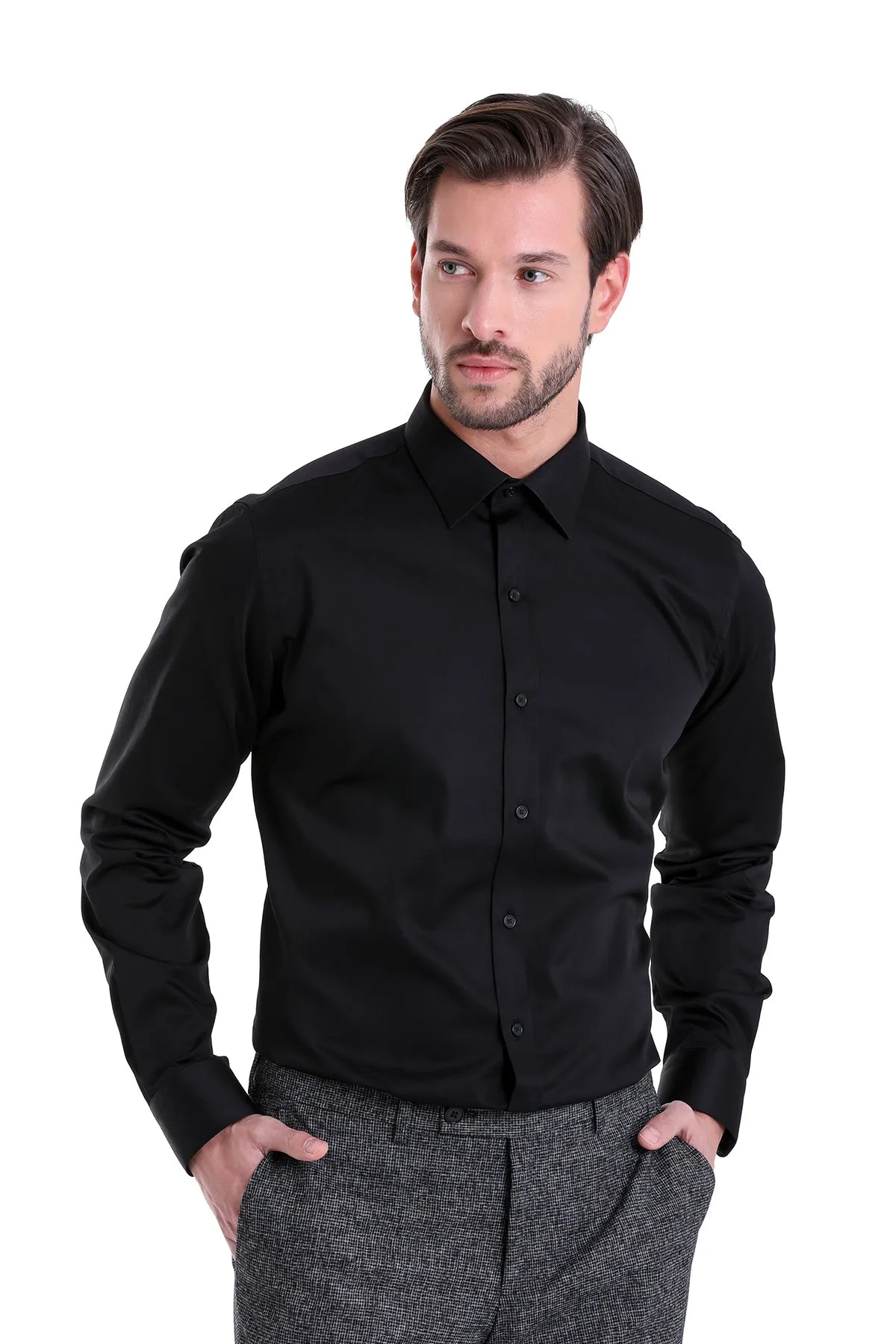 Comfort Fit Straight-Point Collar Cotton Black Dress Shirt