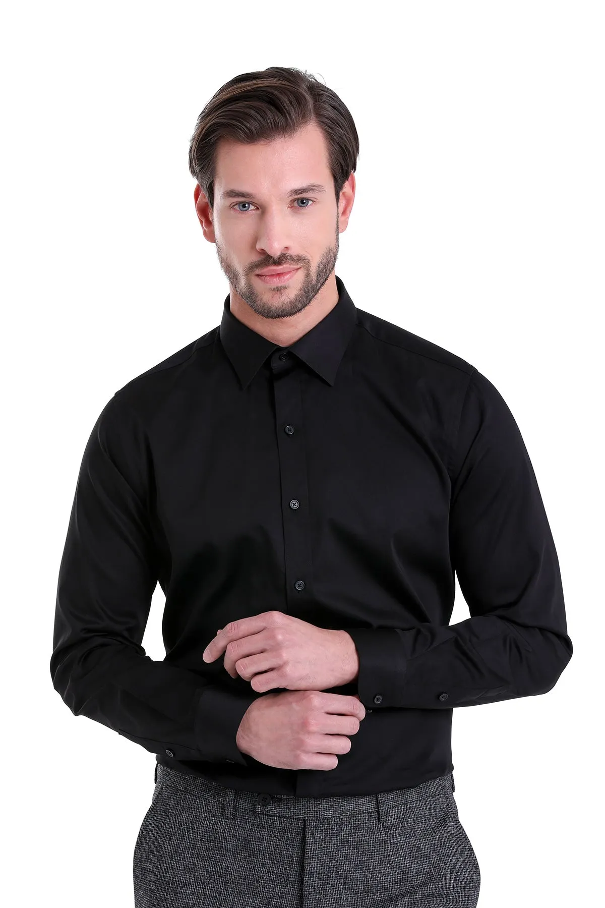 Comfort Fit Straight-Point Collar Cotton Black Dress Shirt