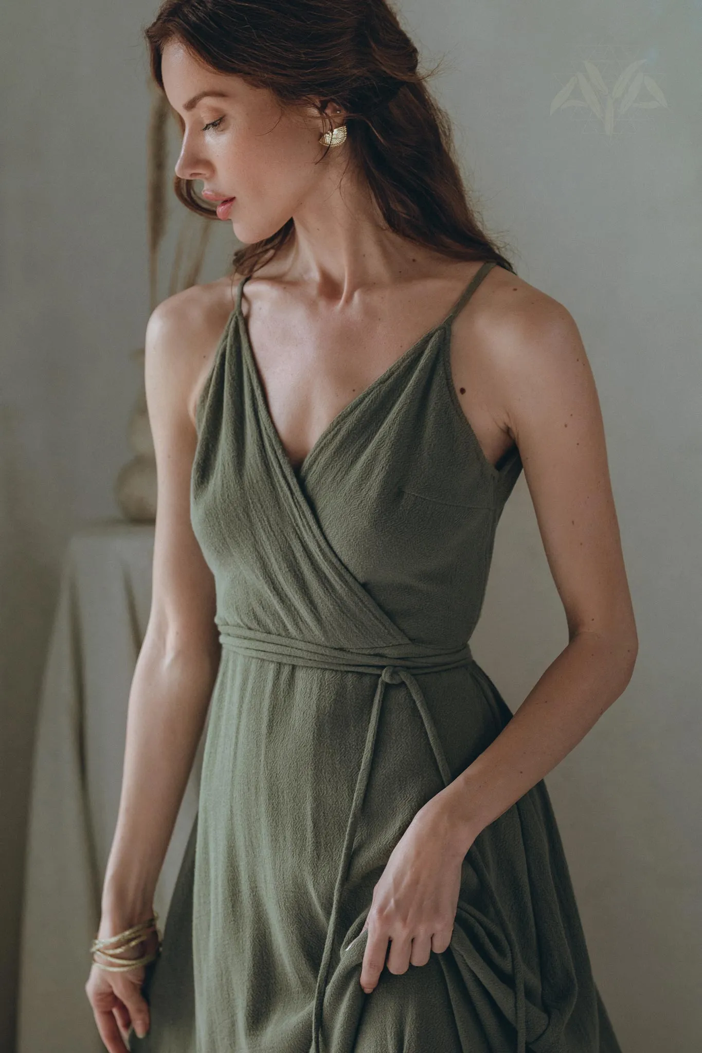 Cotton Boho Long Maxi Dress • Open Back Elegant Dress • Green Bridesmaid Dress