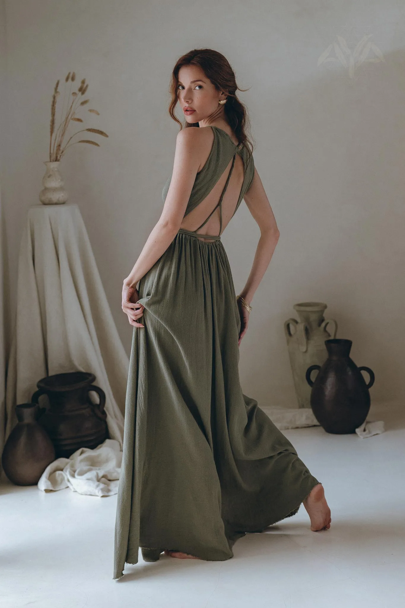 Cotton Boho Long Maxi Dress • Open Back Elegant Dress • Green Bridesmaid Dress