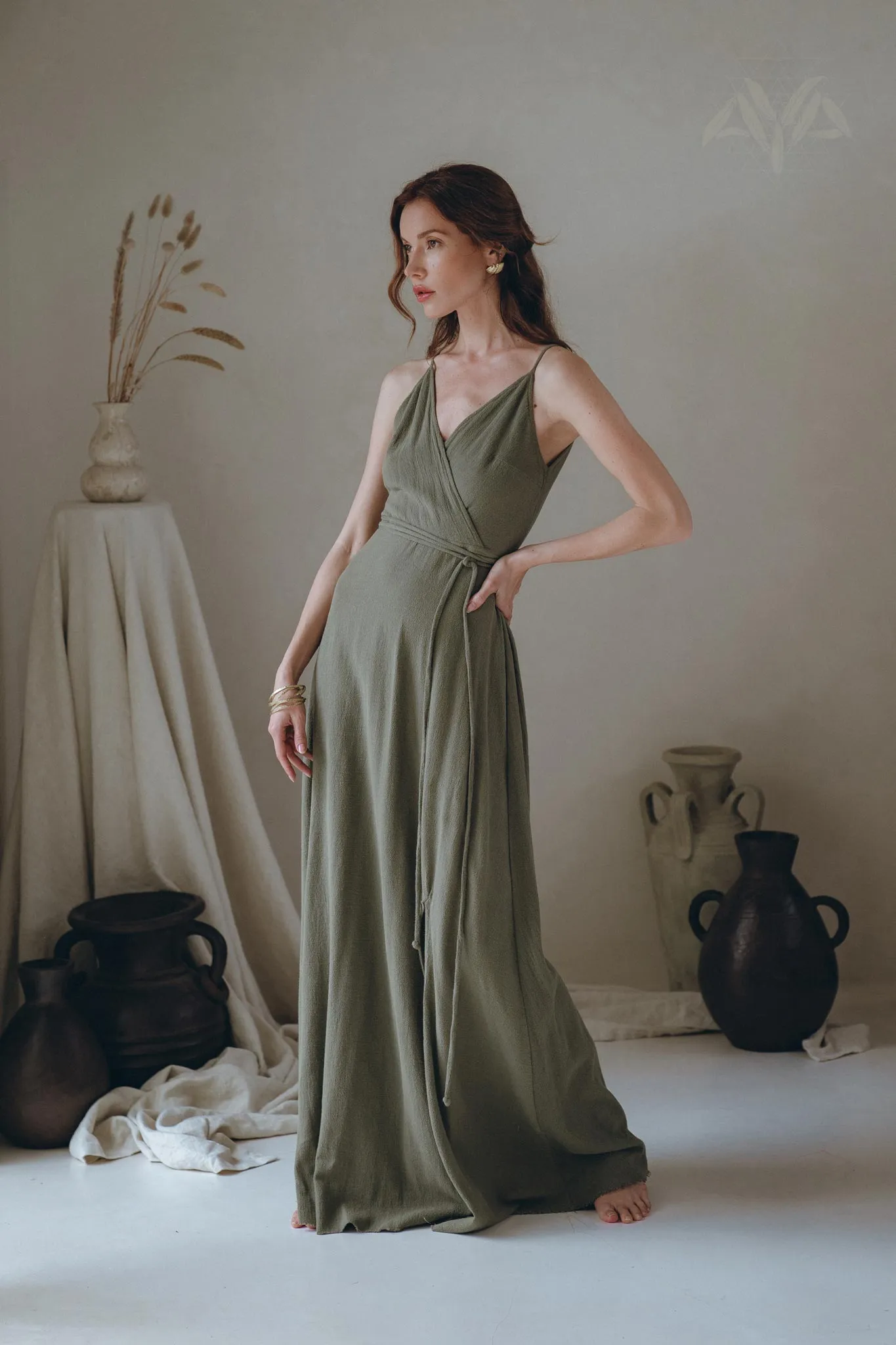 Cotton Boho Long Maxi Dress • Open Back Elegant Dress • Green Bridesmaid Dress