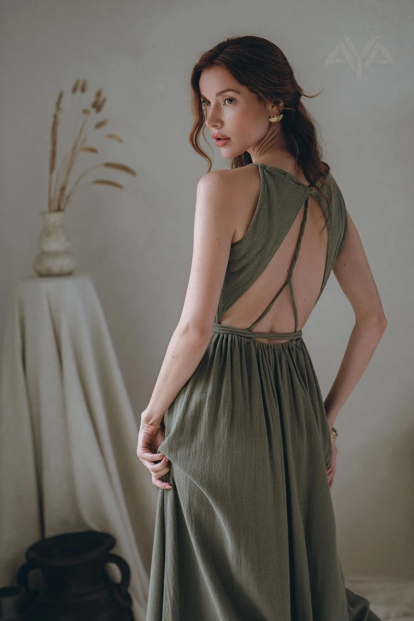 Cotton Boho Long Maxi Dress • Open Back Elegant Dress • Green Bridesmaid Dress