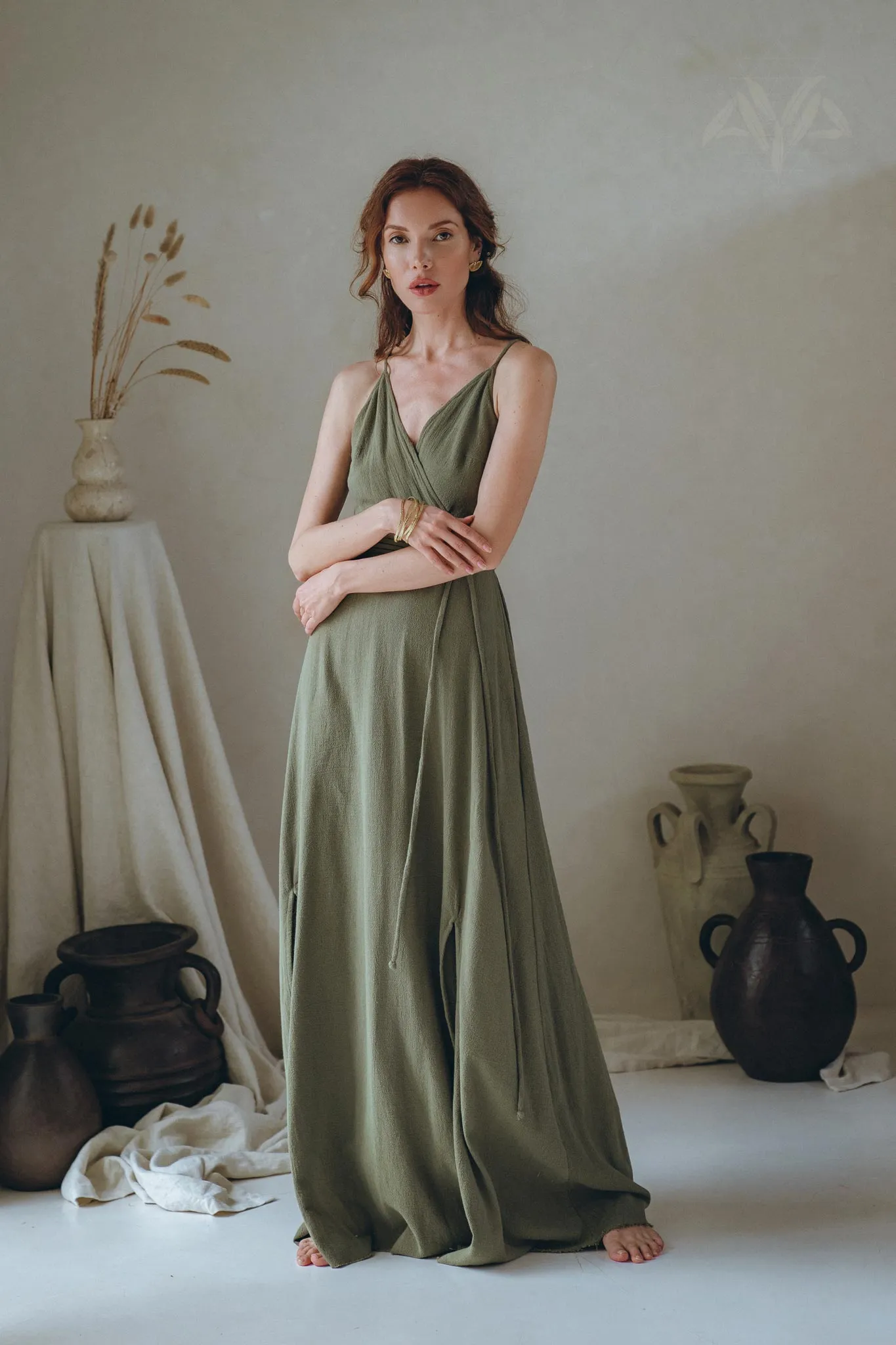 Cotton Boho Long Maxi Dress • Open Back Elegant Dress • Green Bridesmaid Dress