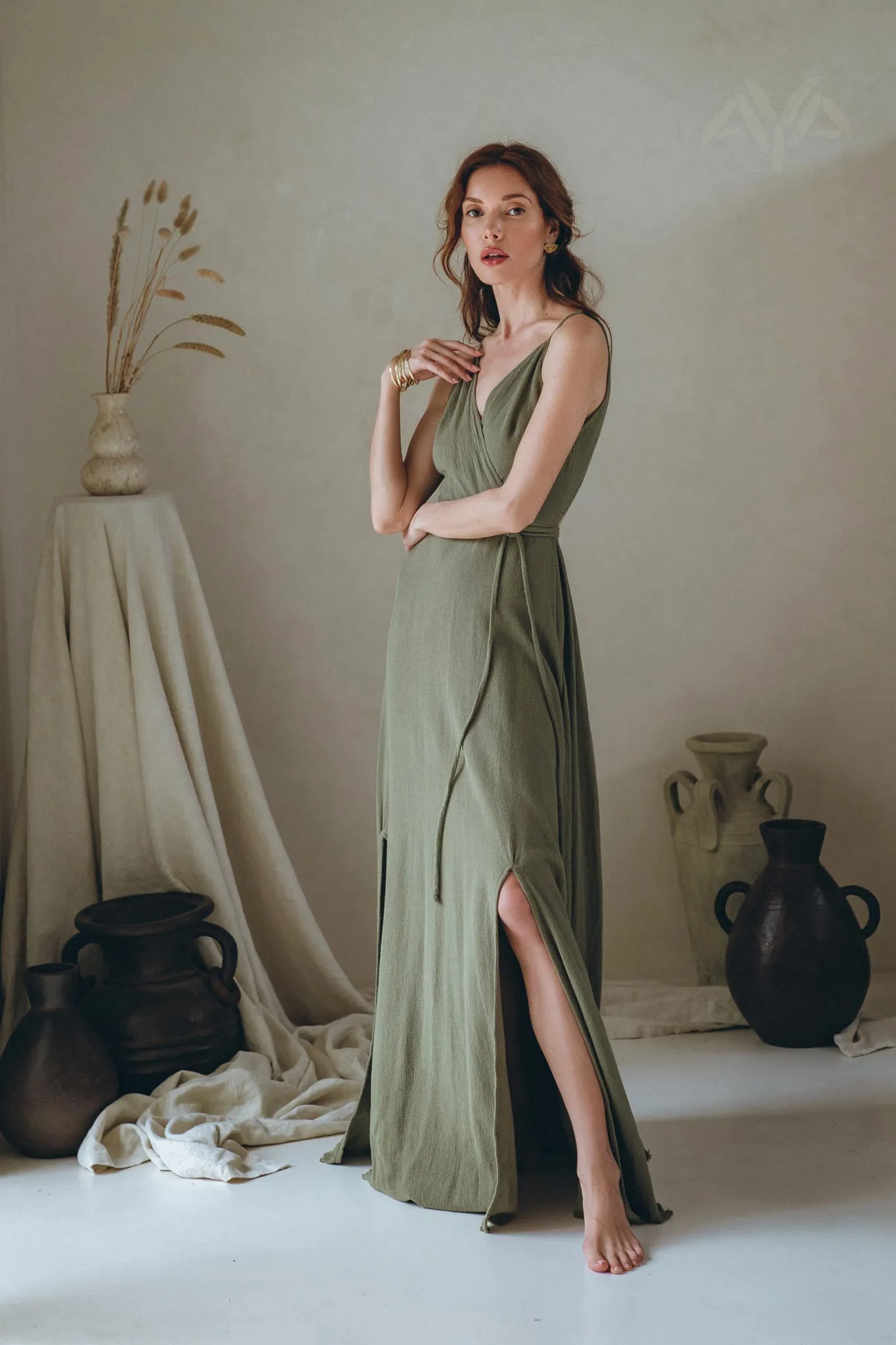 Cotton Boho Long Maxi Dress • Open Back Elegant Dress • Green Bridesmaid Dress