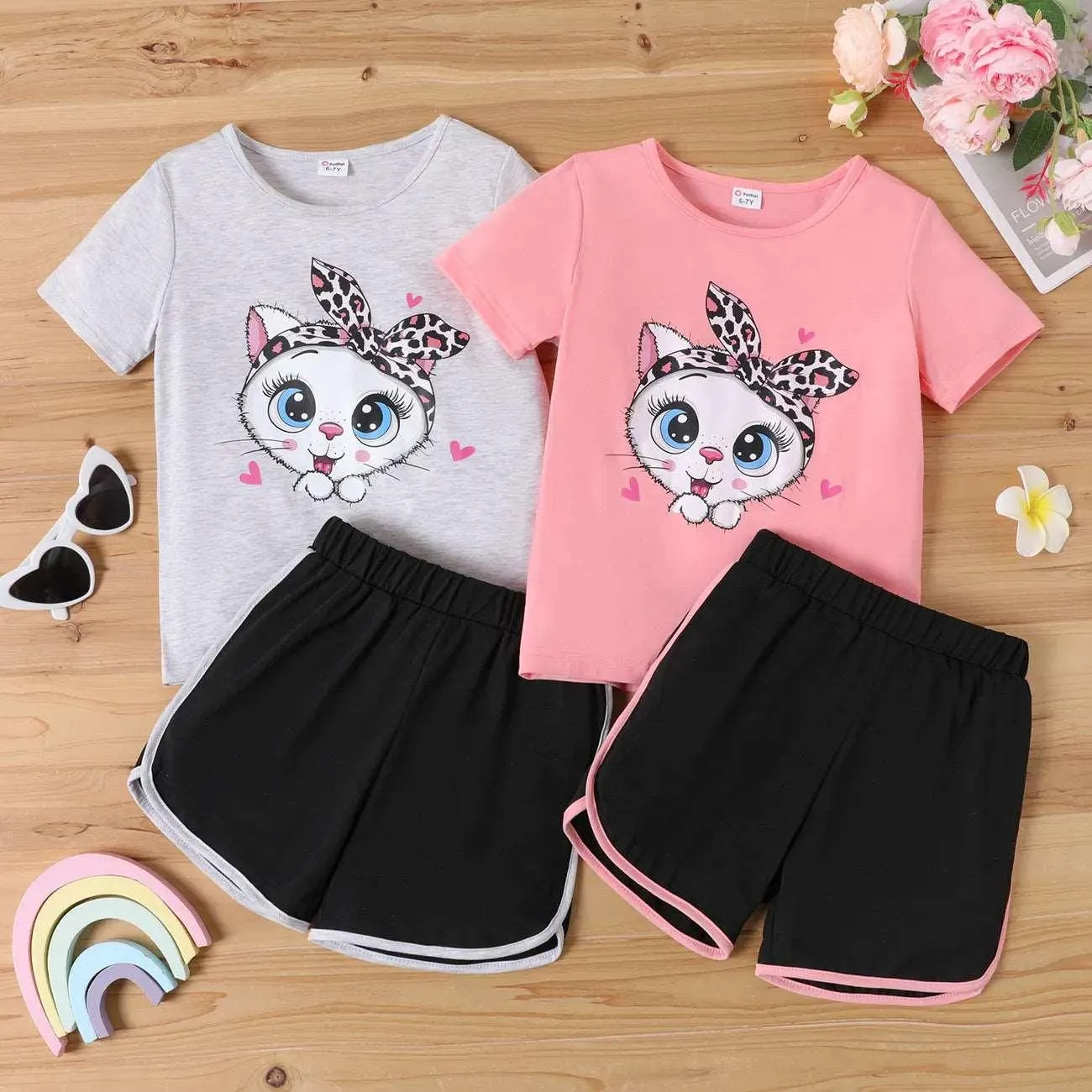 Cute Cat Print Tee & Dolphin Shorts Set - Kids Girl (2Pcs)