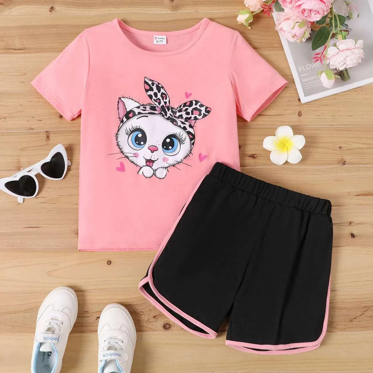 Cute Cat Print Tee & Dolphin Shorts Set - Kids Girl (2Pcs)