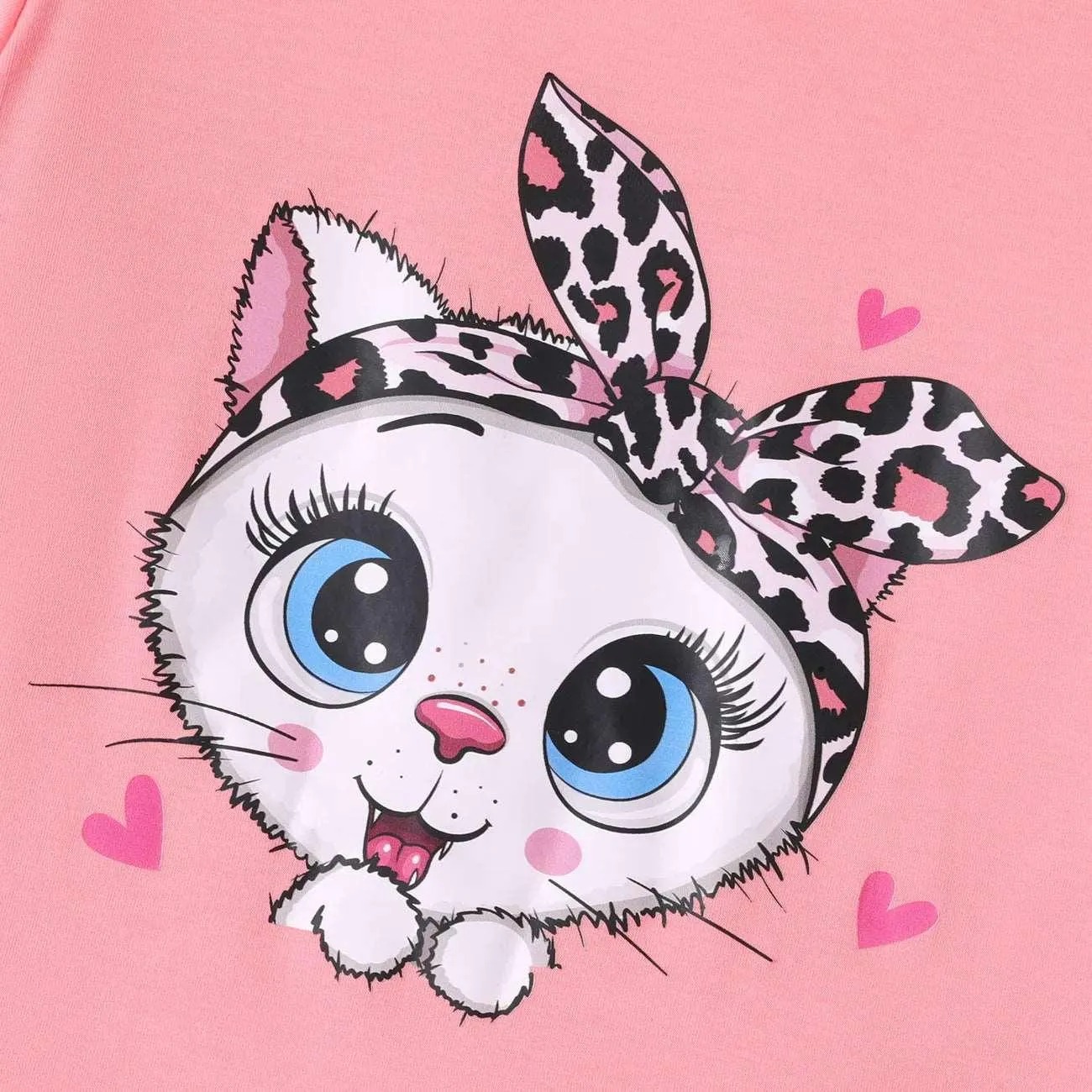 Cute Cat Print Tee & Dolphin Shorts Set - Kids Girl (2Pcs)