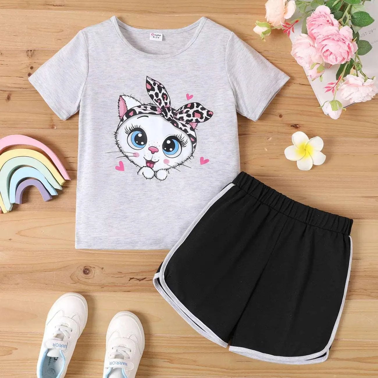 Cute Cat Print Tee & Dolphin Shorts Set - Kids Girl (2Pcs)