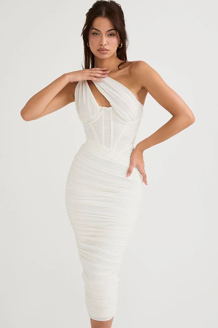 Cutout One Shoulder Ruched Bodycon Mesh Corset Midi Dress - White