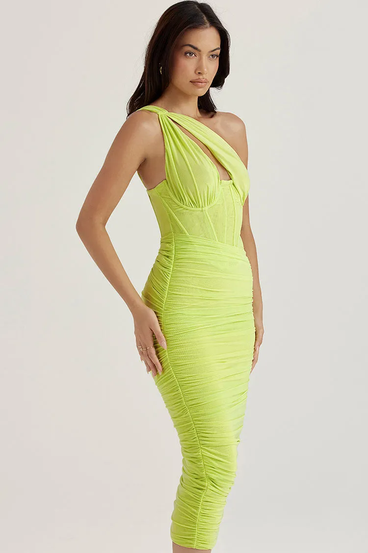 Cutout One Shoulder Ruched Bodycon Mesh Corset Midi Dress - Yellow