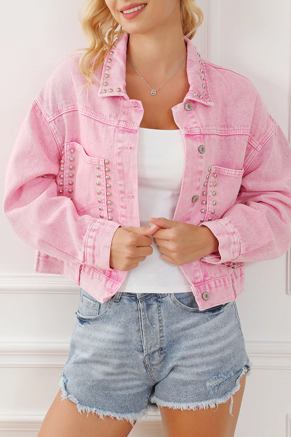 dakota rivet studded denim jacket - flaxen/ sky blue/ pink