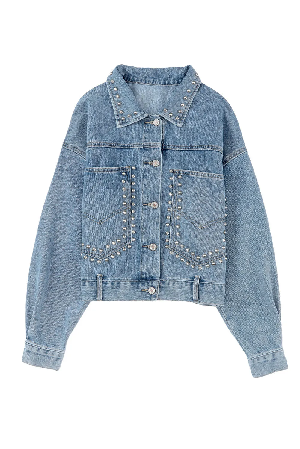 dakota rivet studded denim jacket - flaxen/ sky blue/ pink