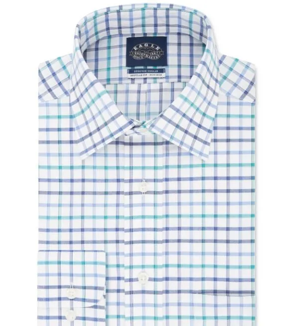 Eagle Men's Windowpane Plaid Collared Classic Fit Stretch Dress Shirt Blue