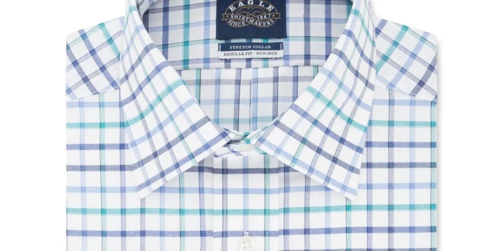 Eagle Men's Windowpane Plaid Collared Classic Fit Stretch Dress Shirt Blue