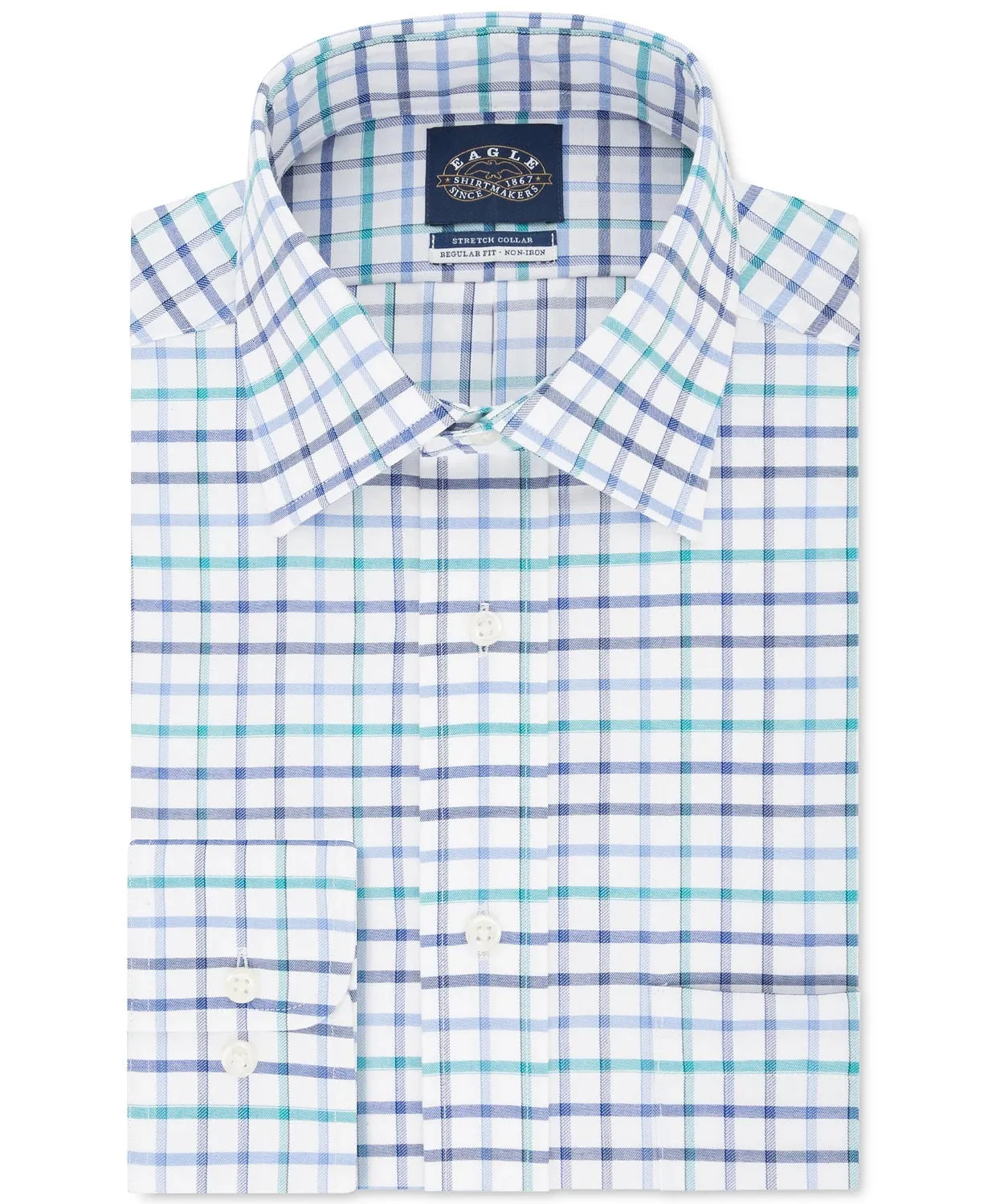 Eagle Men's Windowpane Plaid Collared Classic Fit Stretch Dress Shirt Blue