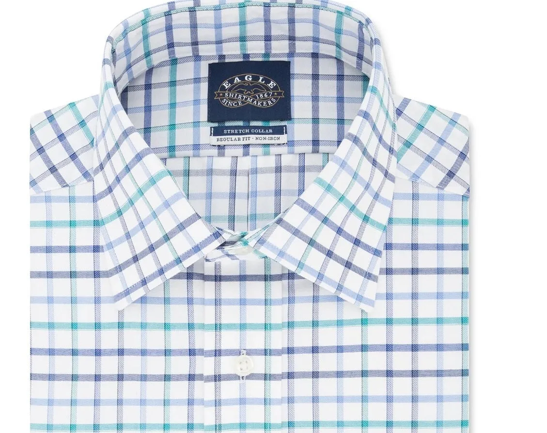 Eagle Men's Windowpane Plaid Collared Classic Fit Stretch Dress Shirt Blue