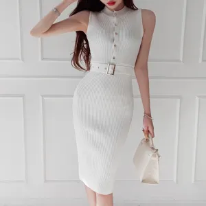 Elegant Simple Stretch Knitted Sleeveless Dress With Slit On Back