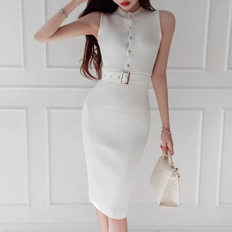 Elegant Simple Stretch Knitted Sleeveless Dress With Slit On Back