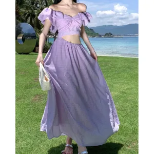 Exposed Waist V-Neck Seaside Holiday Purple Dress