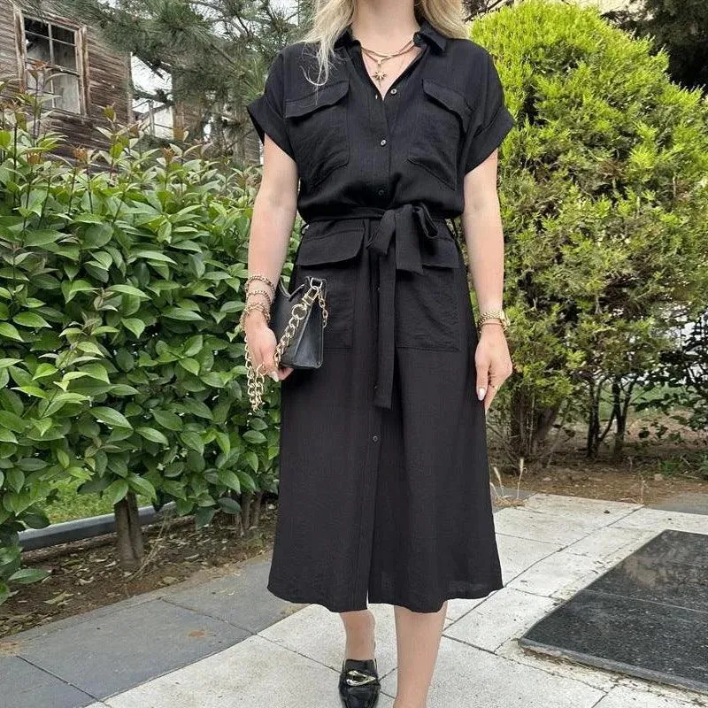 Fashion Belt Shirt Dress For Women